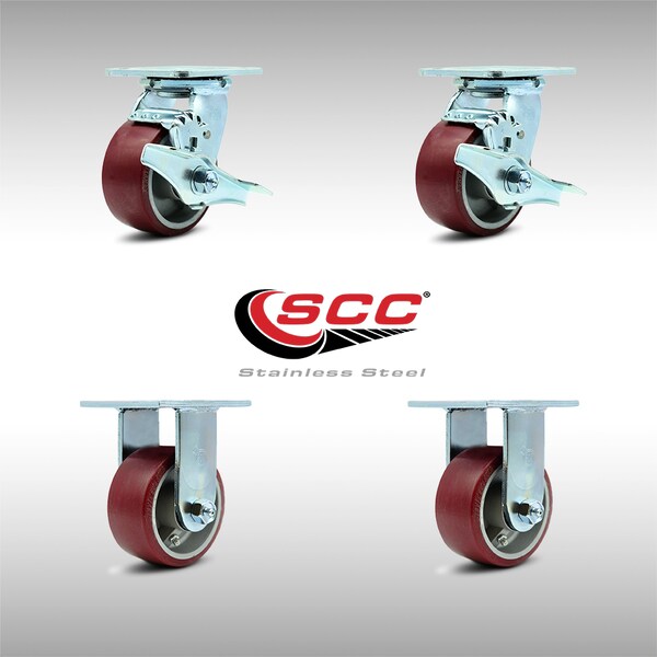 4 Inch SS Poly on Aluminum Caster Set with Ball Bearings 2 Brakes 2 Rigid SCC